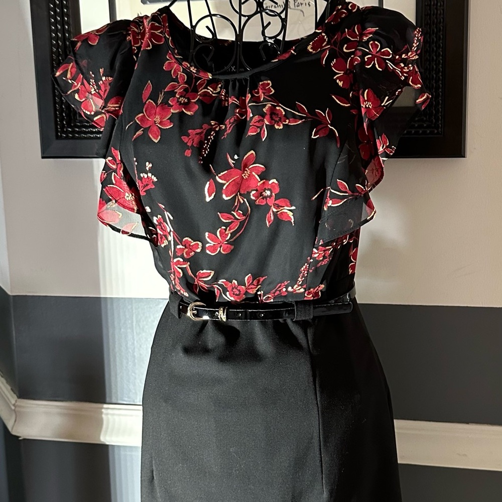 Floral Black Dress with Red Accents